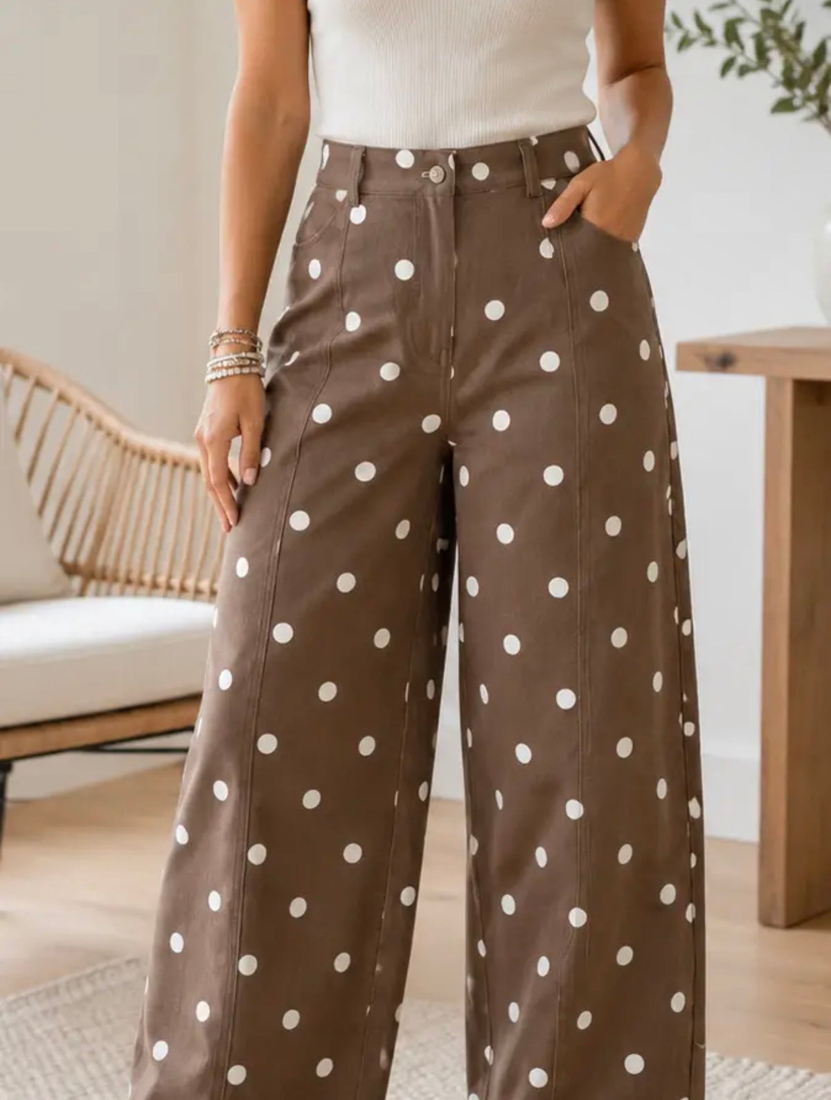 PREORDER: Mocha Polka Dot Wide-Leg Pants