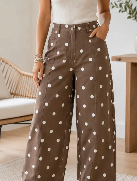 PREORDER: Mocha Polka Dot Wide-Leg Pants